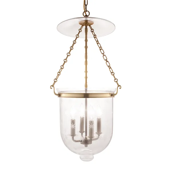 Hampton 4 Light Pendant with etched bell jar glass and brass chain suspension holding four candelabra bulbs