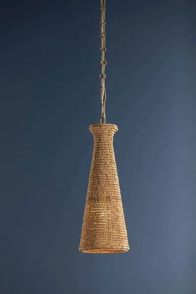 Tallman Pendant handcrafted with natural wood beads and vintage gold leaf chain, conical shape with slender profile
