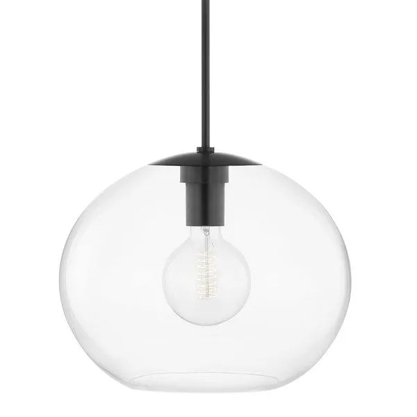 Extra large clear glass pendant with a black steel fixture and visible vintage filament bulb inside