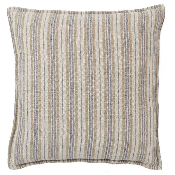 Reversible Lucien throw pillow with vertical stripes in cream, gray, and light brown on 100% linen cover