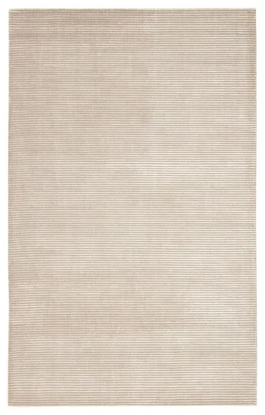 Light gray hand-loomed area rug with textured ridged high-low stripes in wool and viscose