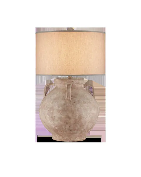 Pompeii Table Lamp with large aged terracotta body and tan fabric drum shade with coordinated trim