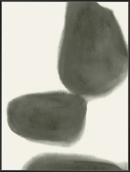 Abstract painting Mossy Pebbles II featuring three overlapping soft-edged moss green shapes on off-white background