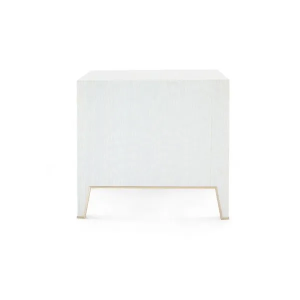Platinum lacquered silk grasscloth Madeline 3-drawer side table with tapered legs and pin-stripe texture