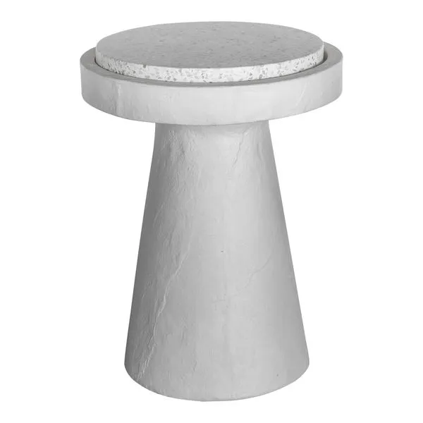 Whitewashed sculpted cement base with round flecked white terrazzo tabletop, conical silhouette accent table