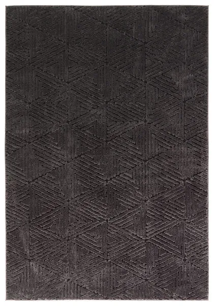 Black modern geometric rug with triangle pattern, plush high and low pile texture with a lustrous sheen