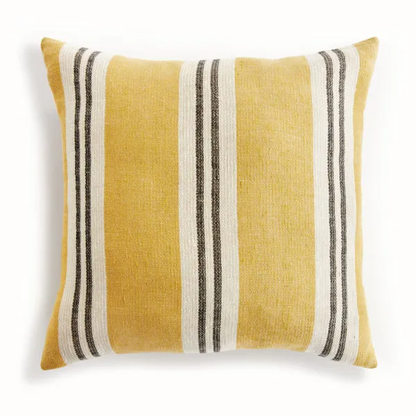 Luxury woven yellow pillow with white and black vertical stripes, 24 inches square