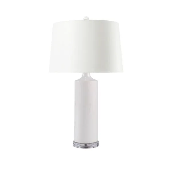 White ceramic Conniston Lamp with cylindrical base, curved neck, white drum shade, and clear circular base