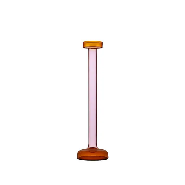 Tall glass candle holder with amber base and top, slender pink stem, modern, transparent design
