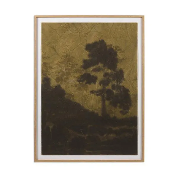 Vertical grain 2.5 white oak framed abstract painting with dark tree silhouettes on muted olive background