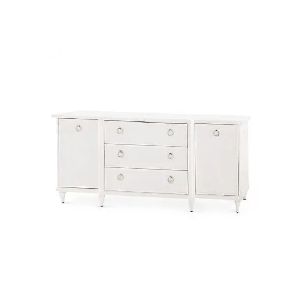 Fairfax 3-drawer 2-door white wood cabinet with modern lacquered finish and silver ring handles