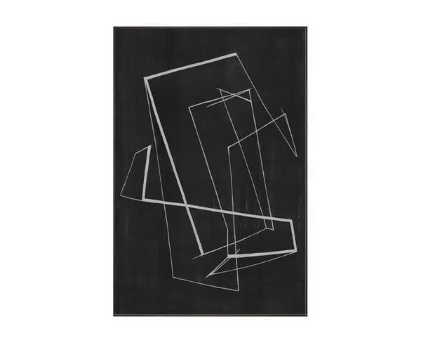 Abstract painting with thick and thin intersecting white lines on a deep black background