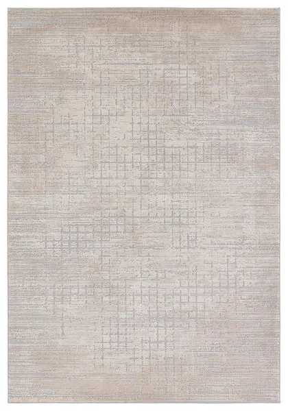 Abstract modern rug in beige, gray, and cream with grid-like textured pattern, 6'7" x 9'6" size
