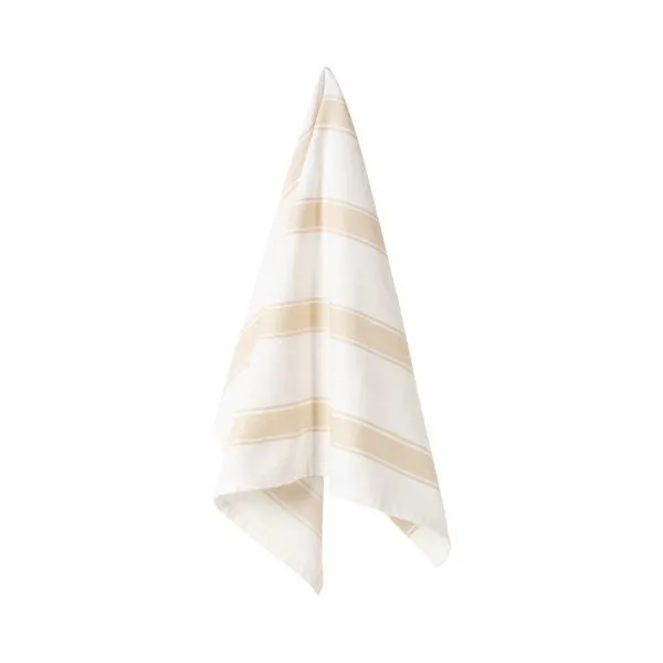 Vanilla-colored kitchen towel with soft cotton fabric featuring horizontal herringbone stripes