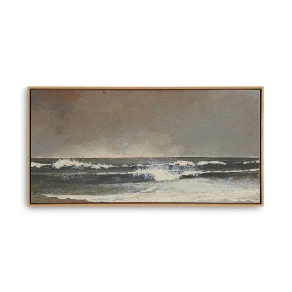 Horizontal painting of ocean waves breaking under gray sky with blurred dry brush texture, natural wood frame