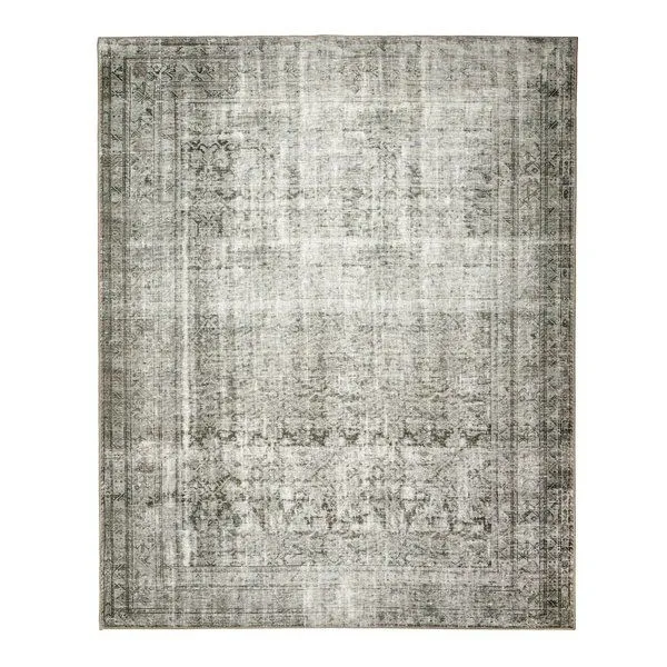 Nala Sage Olive Rug with vintage-inspired faded pattern in muted sage and olive tones, rectangular shape