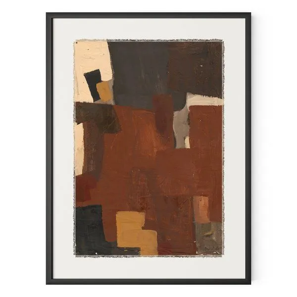Abstract painting Connecting The Pieces by Amada Ane with layered brown, black, beige, and ochre shapes on canvas