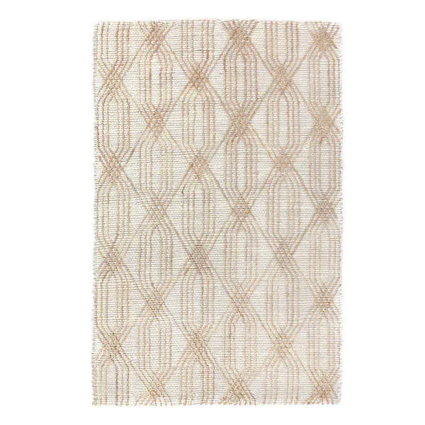 Sandy-colored jute blend area rug with a light diamond-lattice pattern in natural, neutral shades.