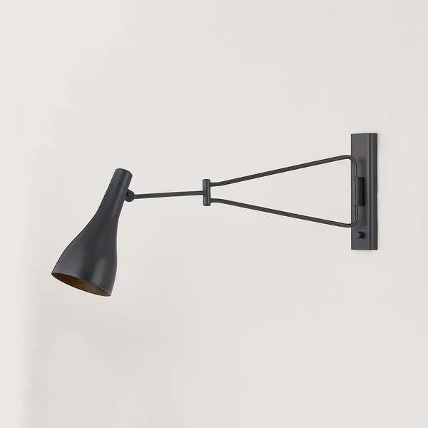 Northford Wall Sconce shown fully extended from side, angled bell-shaped shade pointing downwards