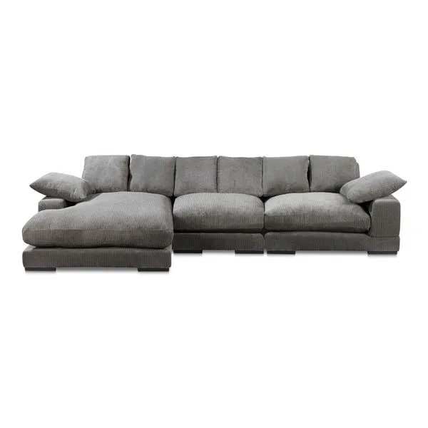 Gray Plunge slipper chair sectional with flip chaise on left side and plush cushions in corduroy fabric