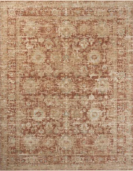 Heritage Brick Multi Rug with vintage floral motifs in warm earth tones of brick red and beige, variable-pile texture