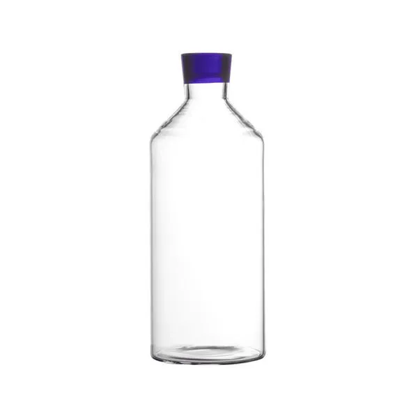 Tall clear borosilicate glass carafe with a distinctive deep blue stopper top