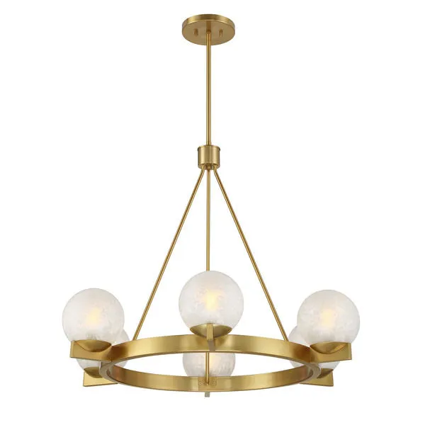 Front view of chandelier showing six ice glass orbs evenly spaced on circular brass ring