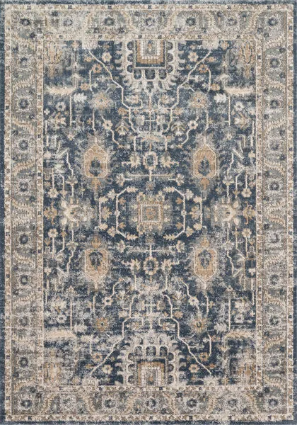 Teagan Denim Pebble vintage style rug with ornate blue, beige, and grey pattern and distressed look