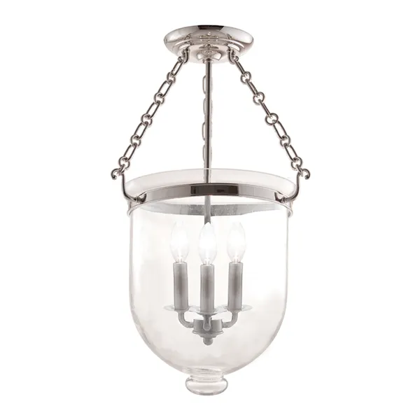 Hampton 3 Light Semi Flush ceiling light with clear oversized bell jar and polished metal chain suspension