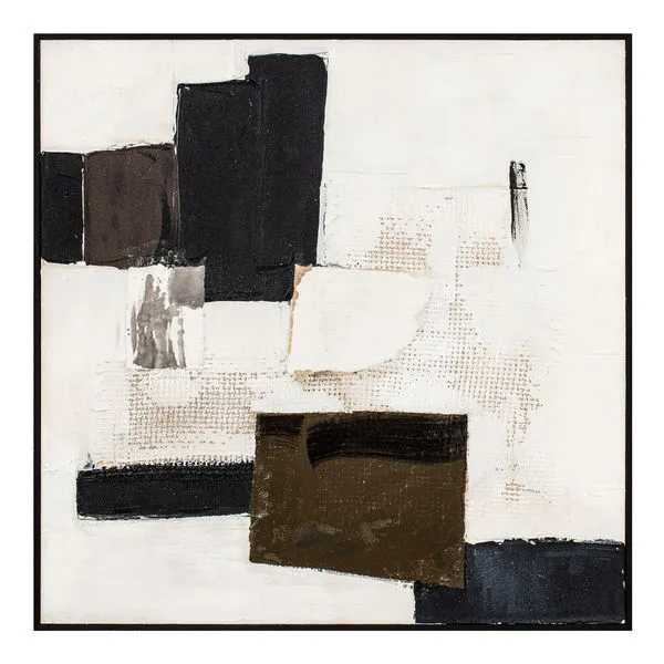 Abstract framed painting with layered dark brown and black blocks on a beige textured background