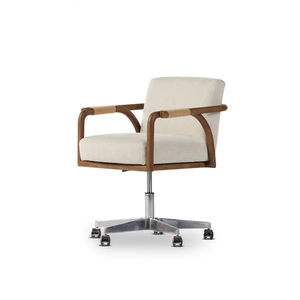 Rosie Light Wash Drift Oak Desk Chair with distressed parawood frame and tan cotton rope armrests on chrome swivel base wi...