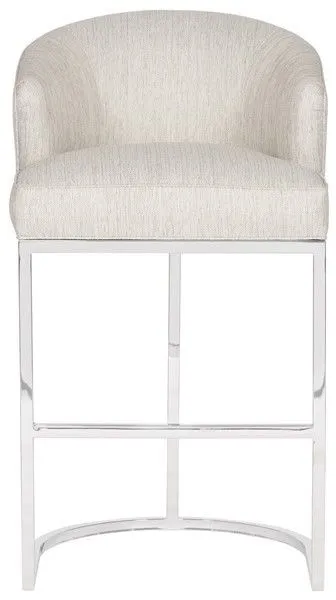 Charley Barrel Base Stool with barrel-shaped cushioned seat in light textured fabric and polished chrome base with curved ...