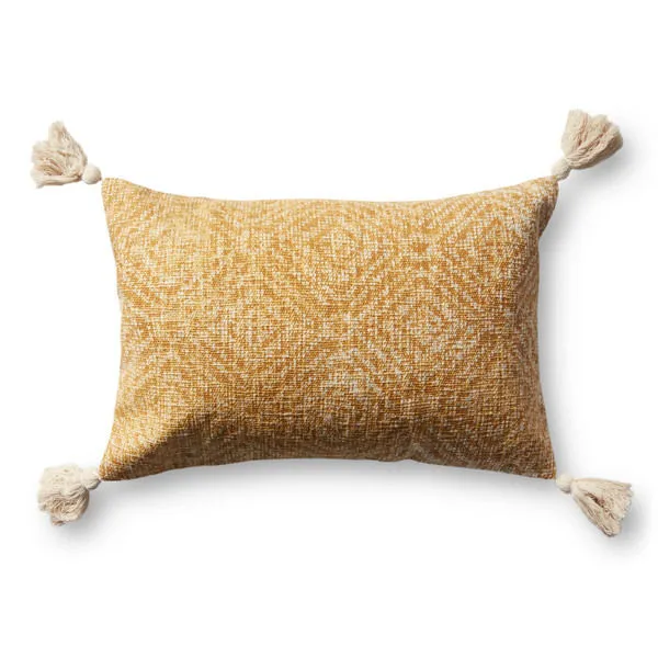 Rectangular yellow cotton pillow with white geometric pattern and tassels on each corner