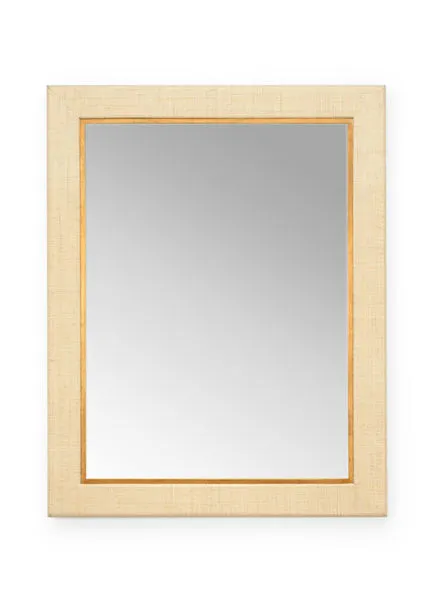 Clear rectangular mirror with a raffia-covered frame and natural wood trim