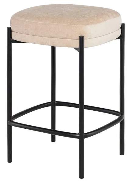 Backless counter stool with almond polyester cushioned seat and black metal frame with footrest