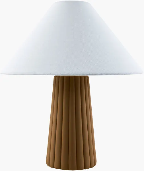 Conju accent table lamp with hand-painted fluted ceramic base in warm brown and white linen tapered shade