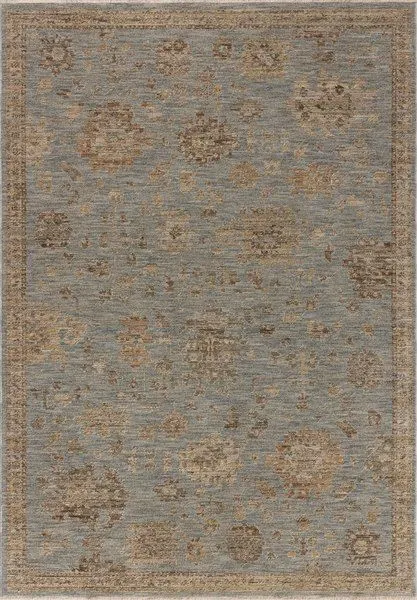 Traditional rectangular area rug with vintage Turkish motifs in pale sky blue and sand tones