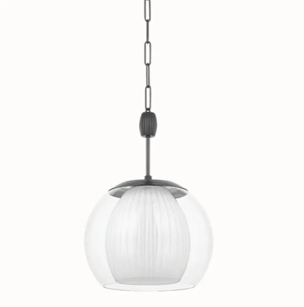 Clementon Pendant hanging isolated on white background with clear exterior and fluted opal interior