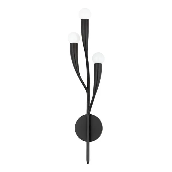 Labra 3 Light Wall Sconce with three curved black steel arms and white globe bulbs