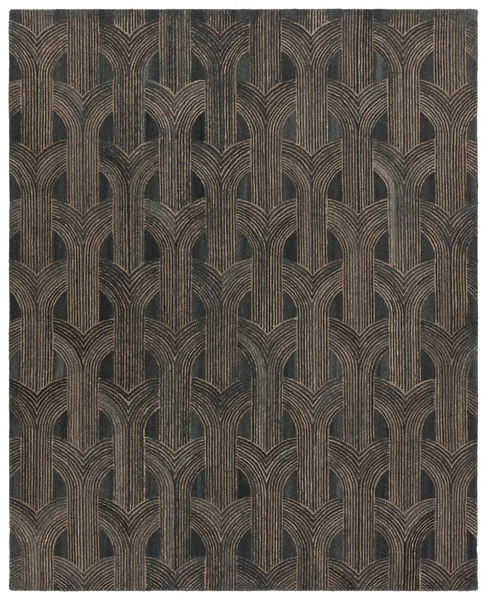 Modern geometric slate and taupe rug with repeating arch pattern, 9 by 12 feet, micro-tufted wool