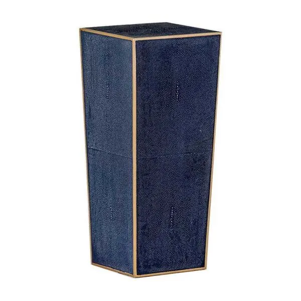 Navy blue Cecil Drinking Table with faux shagreen texture and gold trim in a tapered square form