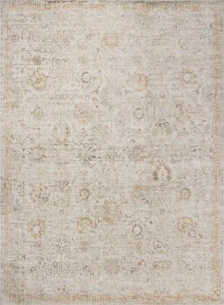 Marcella Sage Gold Rug with tonal traditional motifs in cool beige and gold hues and subtle distressed finish
