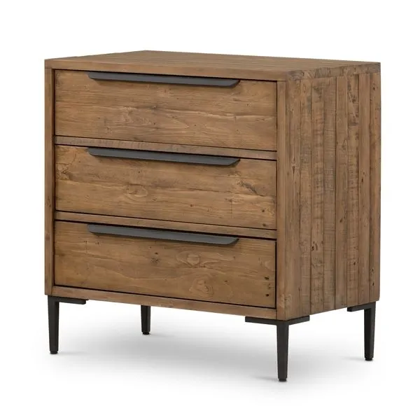 Wyeth 3 Drawer Dresser in rustic sandalwood finish, solid reclaimed pine with natural grain and gunmetal-finished iron han...