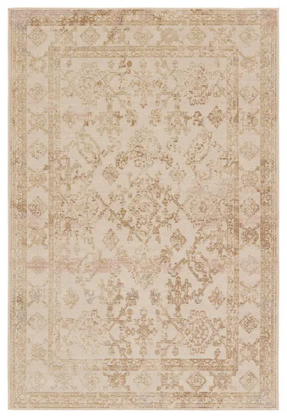 Long rectangular traditional rug with faded gold and ivory medallion patterns on a distressed background