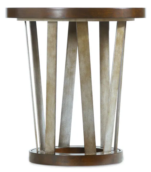 Lorimer Round End Table with waxed Hickory veneer finish and angled metal slat base