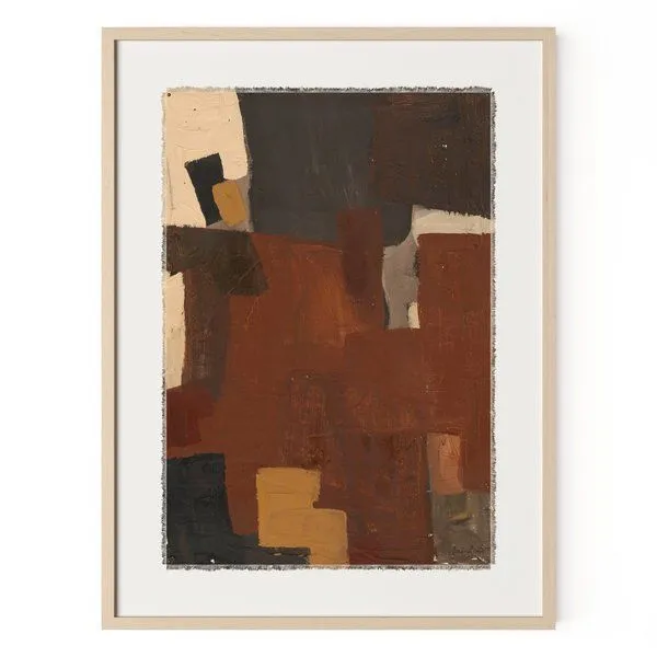 Abstract painting with layered textured blocks of brown, black, beige, and ochre framed in natural wood