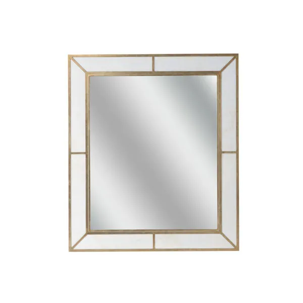 Square mirror with faux white marble panels and slim nickel frame creating a geometric border