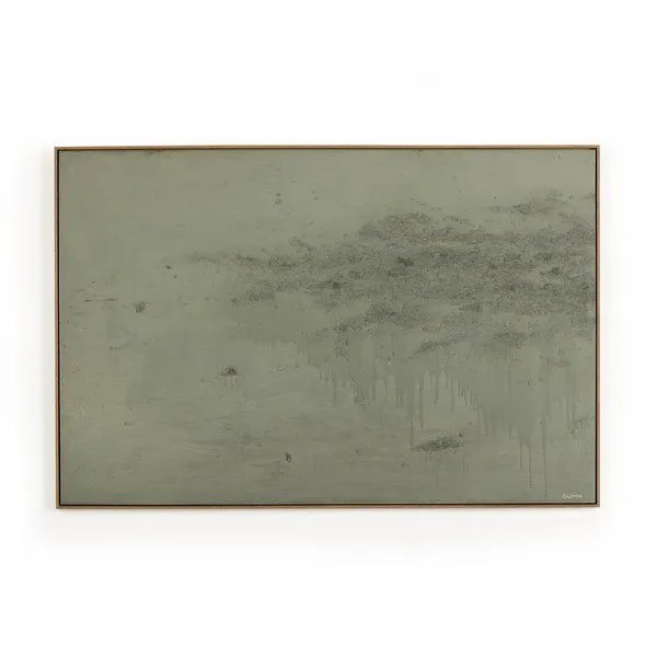 Abstract-expressionist painting in muted green with textured dark gray drips and markings in thin wooden frame