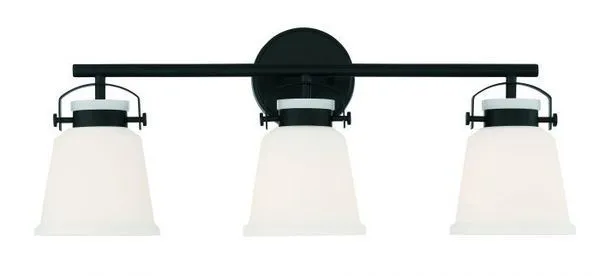 Kaden three-light bathroom vanity light with matte black bar and three white opal glass bell-shaped shades