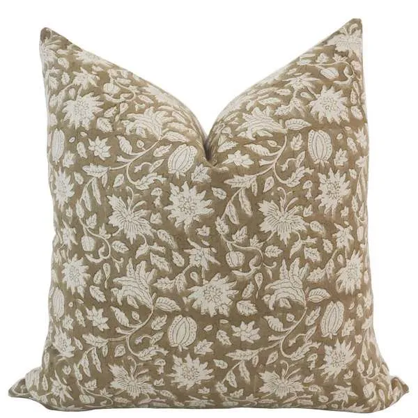 Handcrafted fall brown pillow cover with white delicate hand block printed floral motif on natural linen